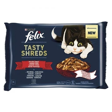 Állateledel alutasakos FELIX Tasty Shreds macskáknak 4-pack házias marha-csirke válogatás szószban 4x80 g