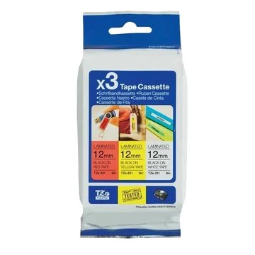 Brother TZE-31M3 laminált P-touch szalag (12mm) Black on Red/Yellow/White - 8m