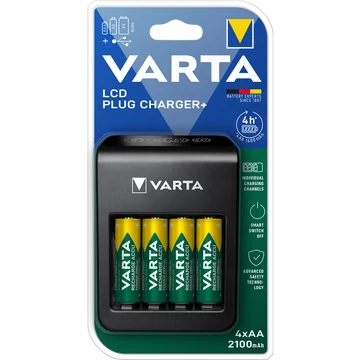 Elemtöltő, AA/AAA/9V, 4xAA 2100 mAh, LCD kijelző, VARTA "Plug"