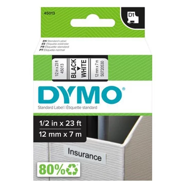 Feliratozógép szalag, 12 mm x 7 m, DYMO "D1", fehér-fekete