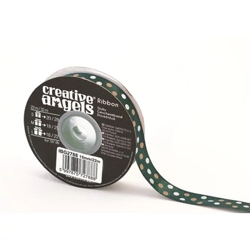 Szatén szalag, 15 mm x 22 m, sötétzöld vegyes pötyökkel