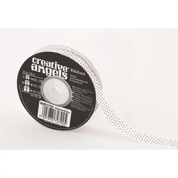 Szatén szalag, 15 mm x 22 m, fehér fekete pötyökkel