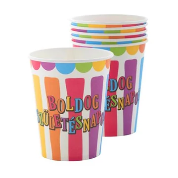 Pohár, papír, 2,5 dl, "Boldog születésnapot", csíkos-pöttyös, 6db/cs