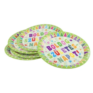 Tányér, papír, 23cm, "Boldog születésnapot", zászlós, 6db/cs