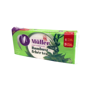 Papírzsebkendő 4 rétegű 100 db/csomag, bambusz-fehér tea illatú, Müller