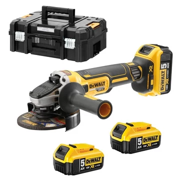 DEWALT Sarokcsiszoló, 18V XR, kefe nélküli, 3x5Ah