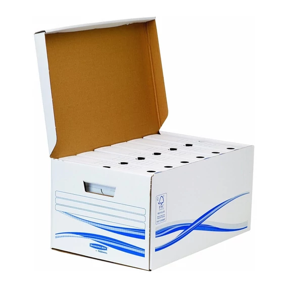 Csapófedeles archiválókonténer, karton, nagy, FELLOWES "Bankers Box Basic", kék-fehér, 5db/cs