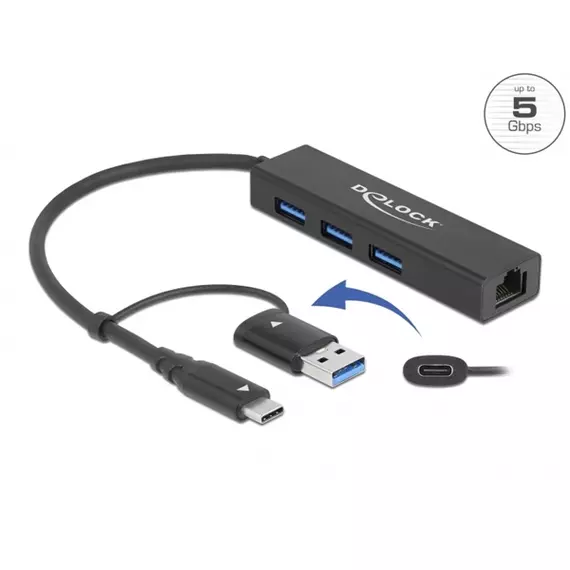 Delock 64149 Gigabit Ethernet + 3 portos USB-C/USB-A csatlakozós USB 3.2 HUB