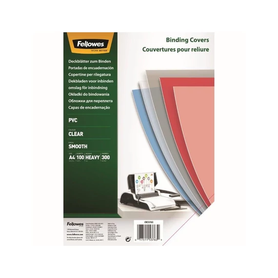 Előlap, A4, 300mikron, FELLOWES, víztiszta, 100db/cs