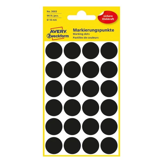 Etikett címke, o18mm, jelölésre, 24 címke/ív, 4 ív/doboz, Avery fekete