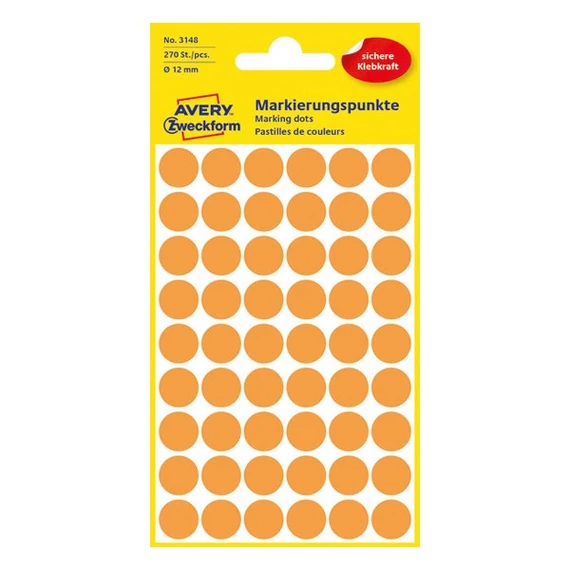 Etikett címke, o12mm, jelölésre, neon 54 címke/ív, 5 ív/doboz, Avery narancssárga