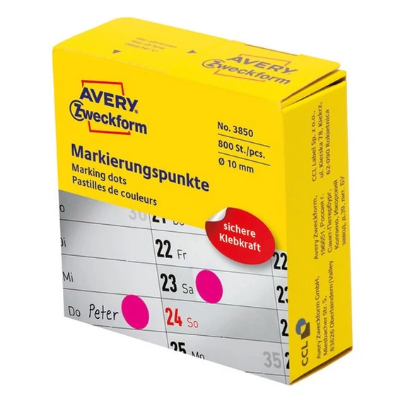 Etikett címke, o10mm, tekercses jelölőpont adagoló dobozban 800 címke/doboz, Avery rózsaszín
