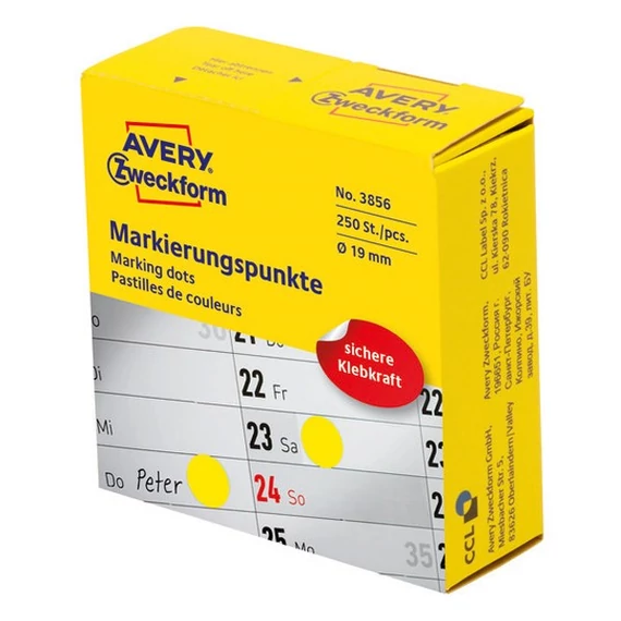 Etikett címke, o19mm, tekercses jelölőpont adagoló dobozban 250 címke/doboz, Avery sárga