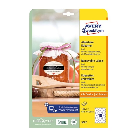 Etikett AVERY L5087 63,5x42,3 mm ovális visszaszedhető 10 ív/csomag