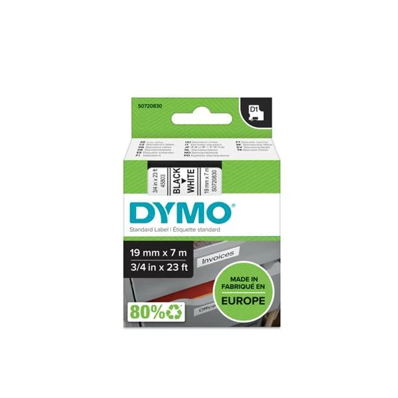 Feliratozógép szalag, 19 mm x 7 m, DYMO "D1", fehér-fekete