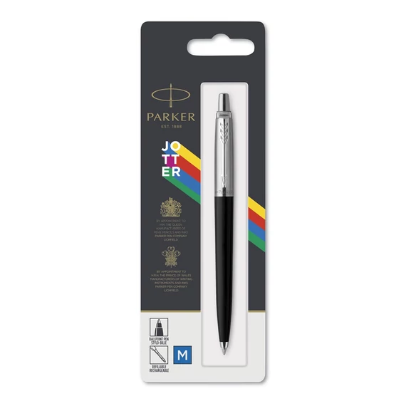 Golyóstoll, 0,7 mm, ezüst színű klip, fekete tolltest, PARKER "Royal Jotter Originals", kék