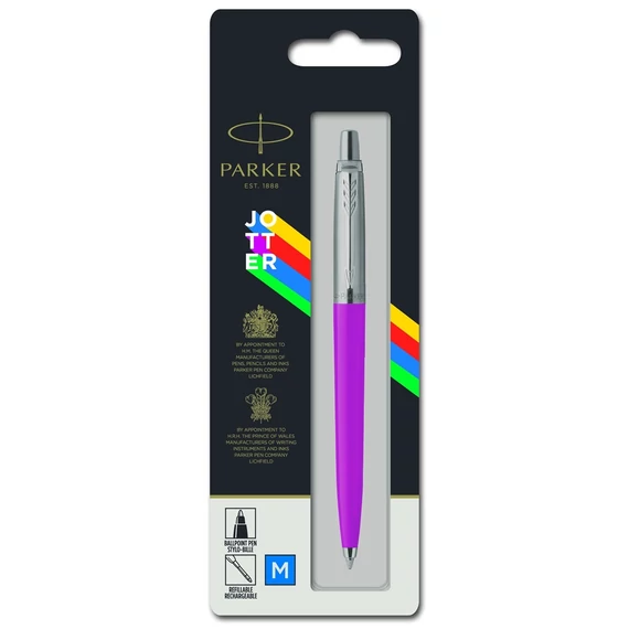 Golyóstoll, 0,7 mm, ezüst színű klip, magenta tolltest, PARKER "Royal Jotter Originals", kék