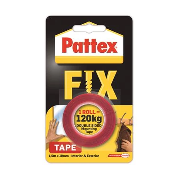 Ragasztószalag, kétoldalas, 19 mm x 1,5 m, HENKEL "Pattex Fix 120 kg", piros