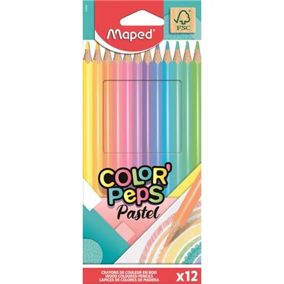 Színes ceruza készlet, háromszögletű, MAPED "Color`Peps Pastel", 12 különböző pasztell szín