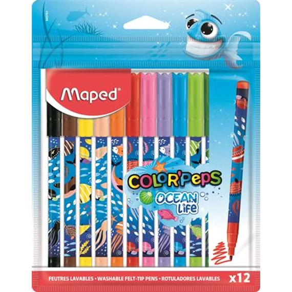 Filctoll készlet, 2 mm, kimosható, MAPED "Color`Peps Ocean Life", 12 különböző szín