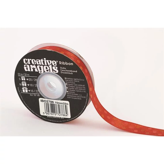 Szatén szalag, 15 mm x 22 m, piros vegyes pötyökkel