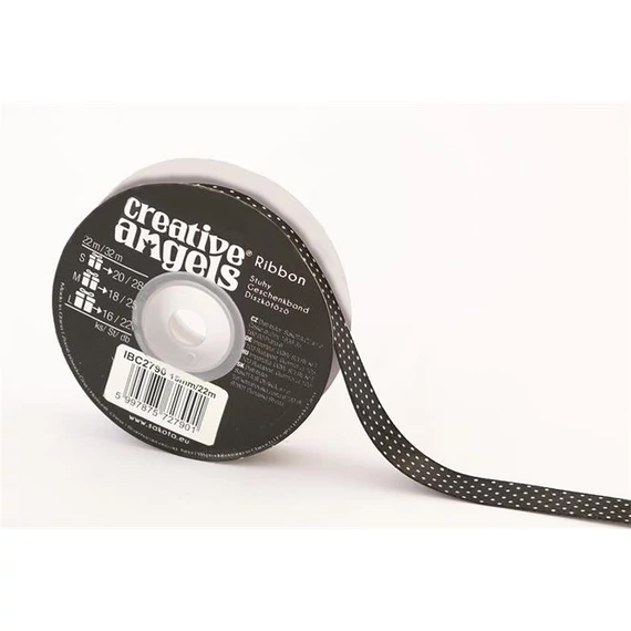 Szatén szalag, 15 mm x 22 m, fekete fehér pötyökkel