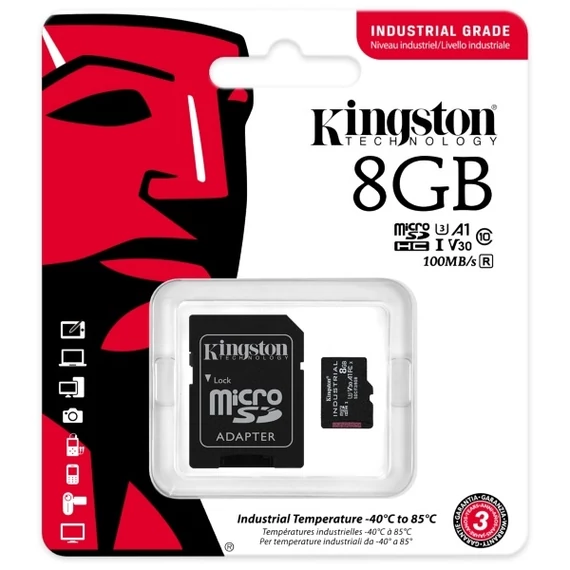 Kingston 8GB SD micro Industrial (SDHC Class 10 A1) (SDCIT2/8GB) memória kártya + adapter
