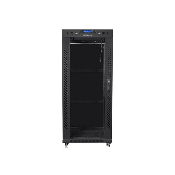 Lanberg FF01-6827-12BL 19" 27U SZÉL:600 MÉLY:800 MAG:1431 lapraszerelt üvegajtós fekete rack szekrény