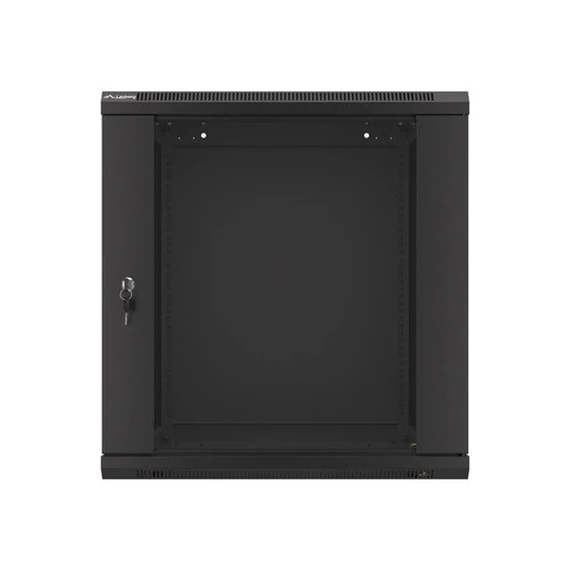 Lanberg WF01-6612-10B 19" 12U SZÉL:600 MÉLY:600 MAG:640 lapraszerelt üvegajtós fekete fali rack szekrény