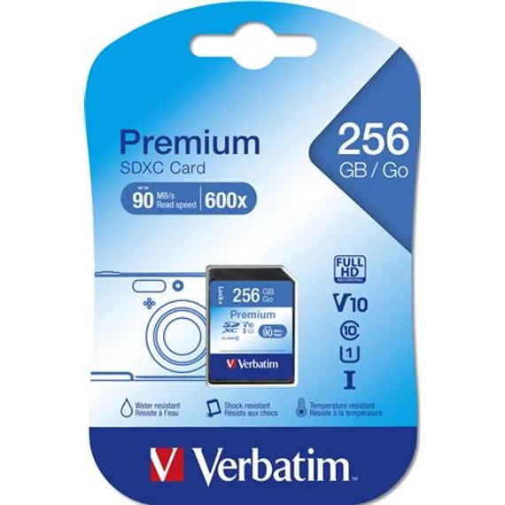 Memóriakártya, SDXC, 256GB, CL10/U1, 90/10 MB/s, VERBATIM "Premium"