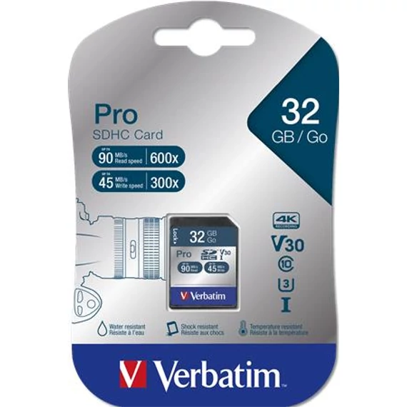 Memóriakártya, SDHC, 32GB, CL10/U3, 90/45MB/sec, VERBATIM "PRO"