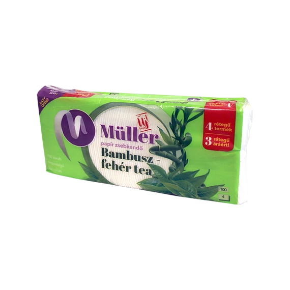 Papírzsebkendő 4 rétegű 100 db/csomag, bambusz-fehér tea illatú, Müller