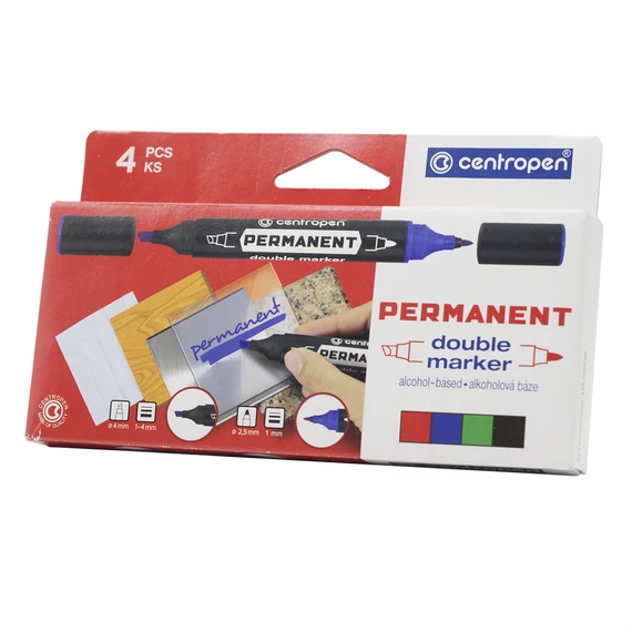 Permanent marker készlet, 1mm,/1-4mm, kéthegyű Centropen 1666, 4 klf. szín