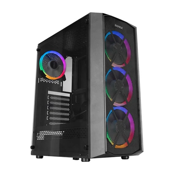 Everest Számítógépház - FLAT MESH (fekete; plexi; ATX; alsó táp; 4x120mm; 1xUSB3.0 + 2xUSB2.0, I/O; porszűrő)