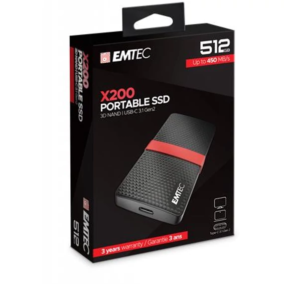 SSD (külső memória), 512GB, USB 3.2, 420/450 MB/s, EMTEC "X200"