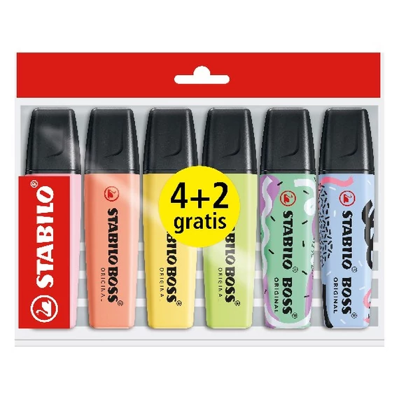 Szövegkiemelő készlet, 2-5 mm, STABILO "Boss Original", 4+2 különböző pasztell szín