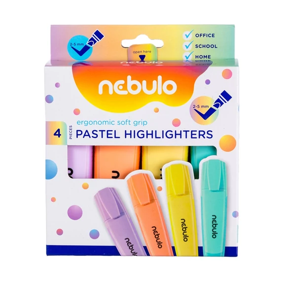 Szövegkiemelő, készlet, 2-5 mm, NEBULO, 4 különböző pasztell szín