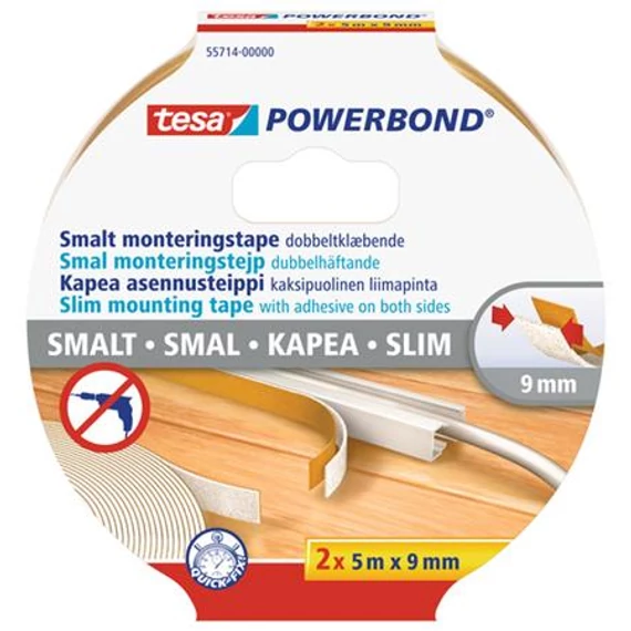 Szerelőszalag, keskeny, 2 x 9 mm x 5 m, TESA, "Powerbond"