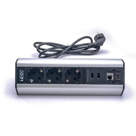 TOO DPS-114-3S IP20,3x 2P+F,2x USB-A,RJ45,HDMI,színes csomagolás,ezüst asztalra rögzíthető elosztó