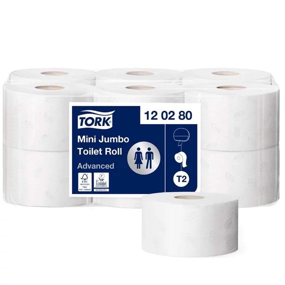 Toalettpapír, T2 rendszer, 12tek/krt, 2rétegű, 18,8cm átmérő, Advanced, TORK "Mini Jumbo", fehér