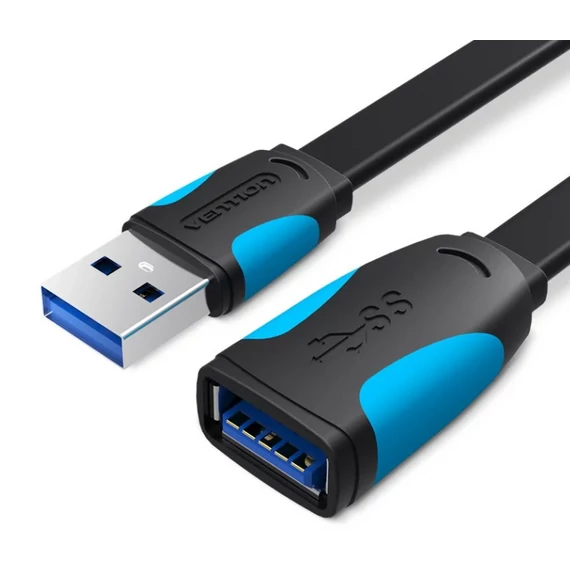 KÁBEL USB 3.0, 1m, (hosszabbító, lapos, fekete), Vention