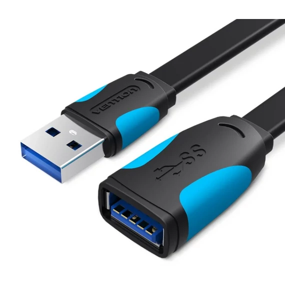 KÁBEL USB 3.0, 2m, (hosszabbító, lapos, fekete), Vention